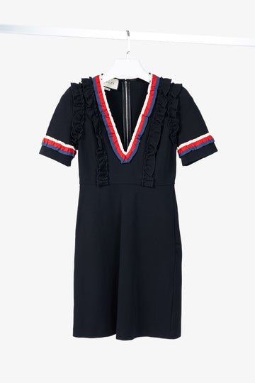 Gucci Black Sylvie-Web Ruffle-Detail Short Dress