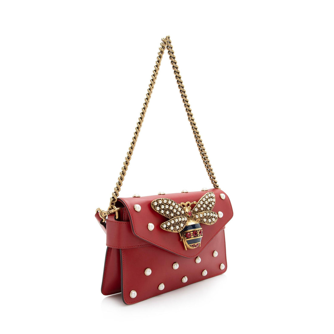 Gucci Calfskin Pearl Bee Broadway Mini Shoulder Bag (SHF-22405)