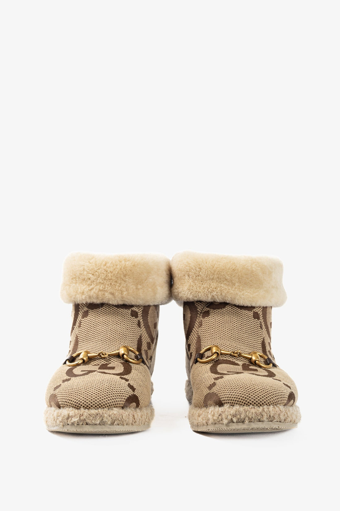 Gucci Fria Beige Jumbo GG Sherpa Horsebit Ankle Boots