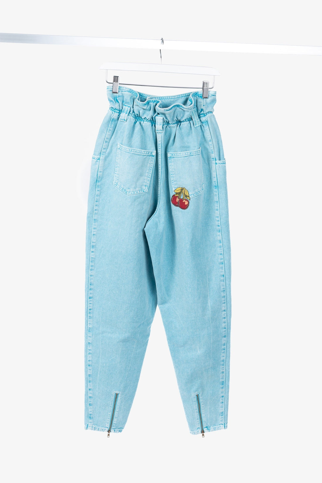 Gucci PF/19 Blue Embroidered Cherry Tapered Paperbag-Waist Jeans
