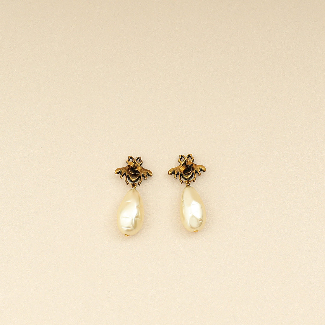 Gucci Aged Gold Finish GG Crystal Pearl Drop Bee Earrings