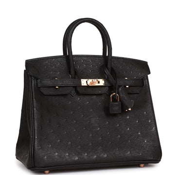 Hermes Birkin 25 Black Ostrich Rose Gold Hardware
