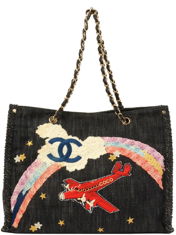 Top Quality Chanel Around 2005 Made Denim Airplane Cc Mark Embroidered Chain Tote Bag Indigo