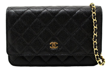 NEW Top Quality Chanel Black Quilted Caviar Leather Wallet On Chain WOC Messenger Bag