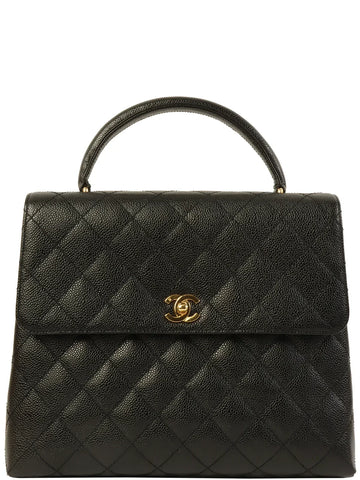 Top Quality Chanel Around 2001 Made Caviar Skin Turn-Lock Top Handle Bag Black