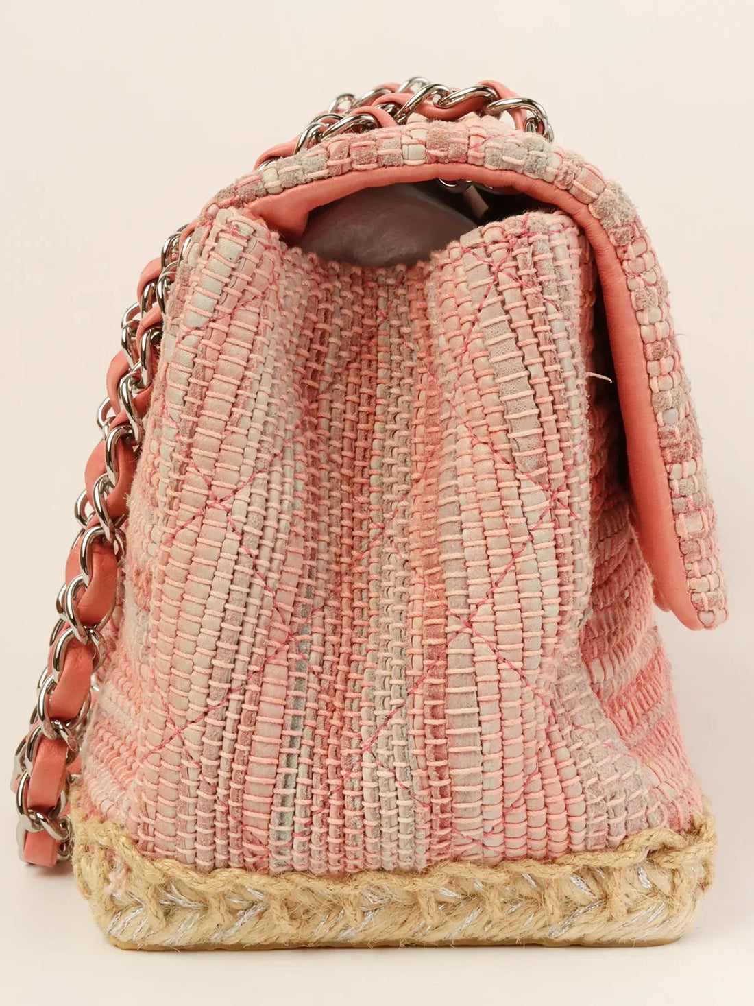 Top Quality Chanel Around 2010 Made Linen Leather Combination Turn-Lock Chain Bag Pink/Beige