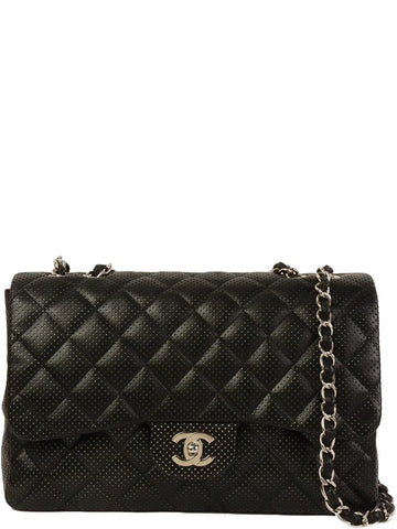 Top Quality Chanel Around 2007 Punching Leather Turn-Lock Chain Shoulder Bag Black