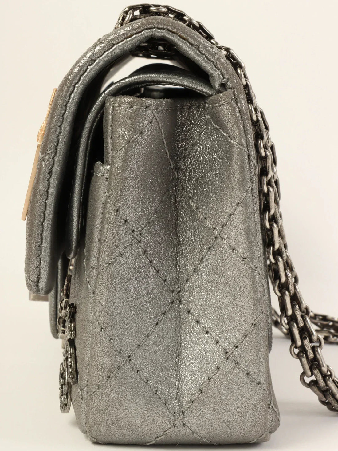 Top Quality Chanel Around 2007 Made 2.55 Icon Charm Chain Bag Mini Metallic Silver