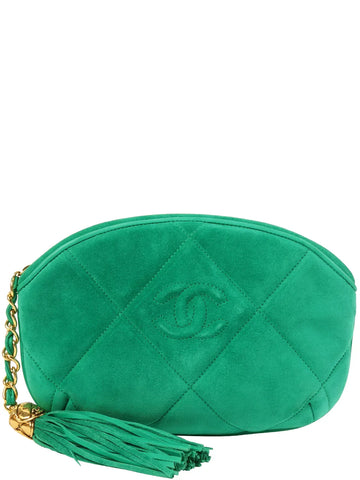 Top Quality Chanel Around 1990 Made Suede Cc Mark Stitch Tassel Clutch Bag Cobalt Green