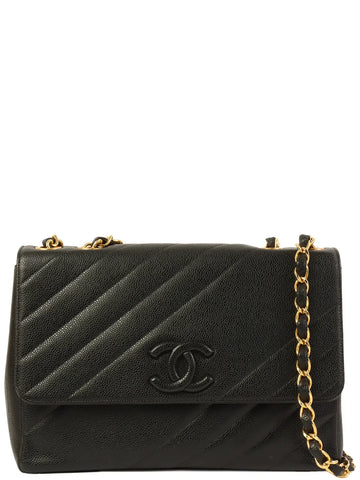 Top Quality Chanel Around 1995 Made Caviar Skin Cc Mark Diagonal Stitch Chain Bag Black