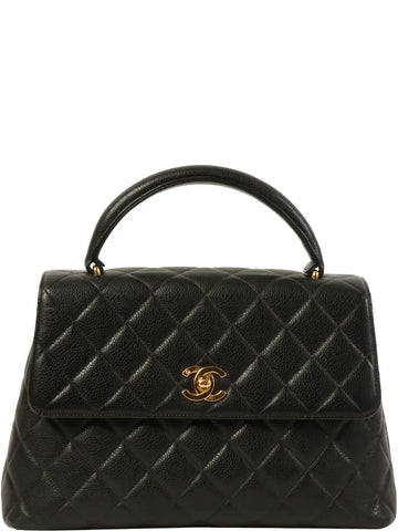 Top Quality Chanel Around 1997 Made Caviar Skin Turn-Lock Top Handle Bag Black