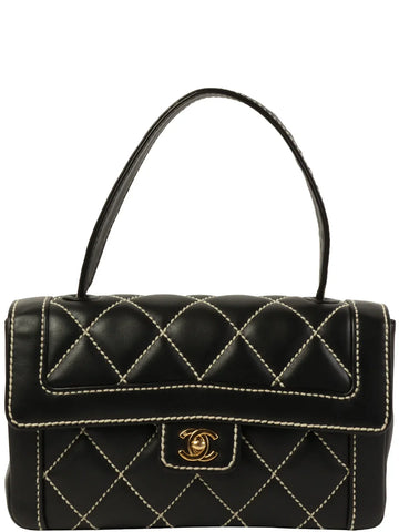 Top Quality Chanel Around 2004 Made Wild Stitch Turn-Lock Top Handle Bag Black