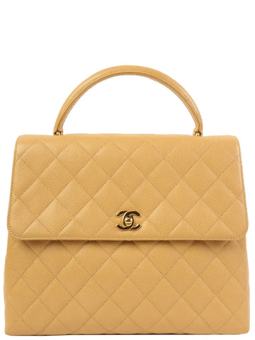 Top Quality Chanel Around 2000 Made Ciaviar Skin Stright New Turn-Lock Top Handle Bag Beige