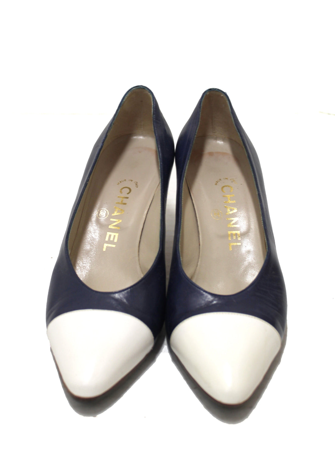 Top Quality Chanel Navy and White Leather Pointed Heel size 35.5
