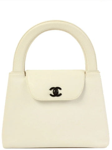 Top Quality Chanel Around 1998 Made Caviar Skin Turn-Lock Top Handle Bag White