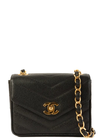 Top Quality Chanel Around 1995 Made Caviar Skin V Stitch Turn-Lock Chain Bag Black