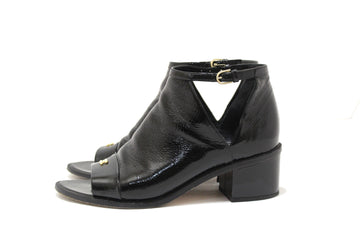 Top Quality Chanel Black Patent Leather Peep Toe Short Ankle Boots 38.5