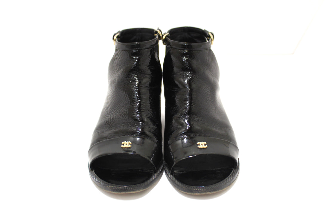 Top Quality Chanel Black Patent Leather Peep Toe Short Ankle Boots 38.5
