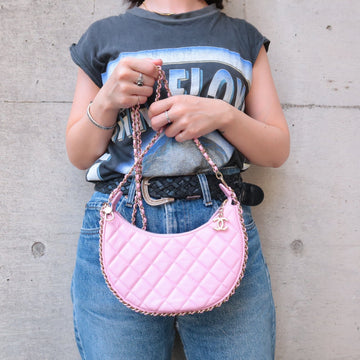 Auth Top Quality Chanel Matelasse Lamb Skin Small Hobo Shoulder Bag Pink AS3917 d F/S