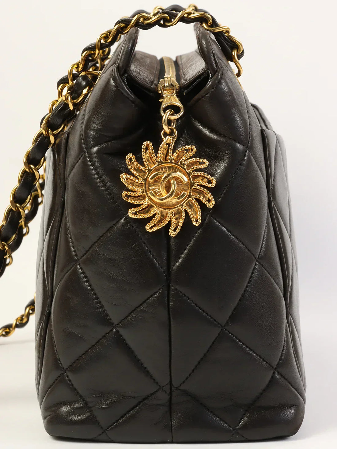 Top Quality Chanel Around 1995 Made Cc Mark Sun Motif Charm Chain Tote Bag Black