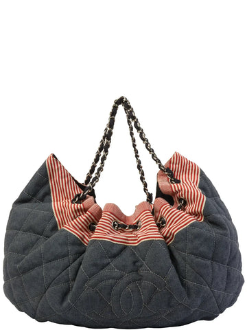 Top Quality Chanel Around 2009 Made Denim Cc Mark Stitch Tote Bag Indigo/Red