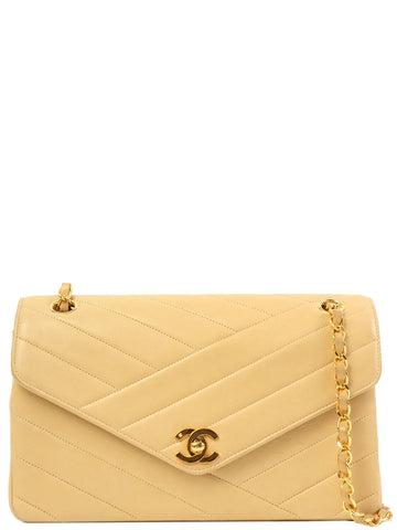 Top Quality Chanel Around 1995 Made Chevron Stitch V New Turn-Lock Chain Bag Beige