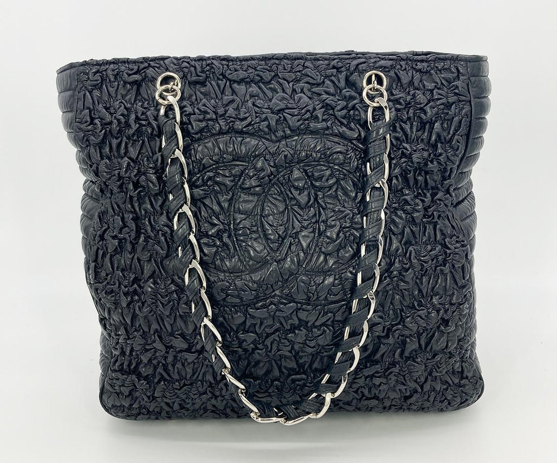 Top Quality Chanel Astrakhan Black Leather Ruched Shopping Tote