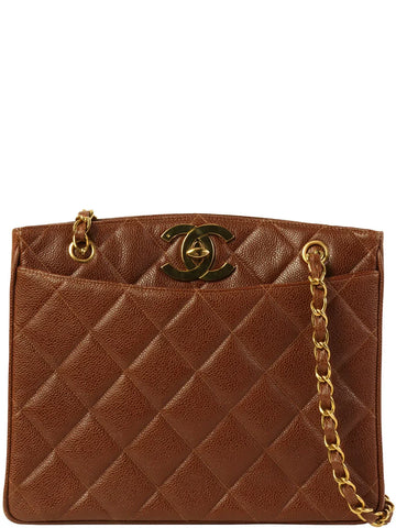 Top Quality Chanel Around 1995 Made Caviar Skin Turn-Lock Chain Tote Bag Brown