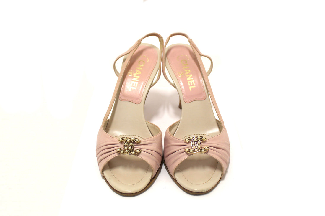 Top Quality Chanel  Pink/White Leather Slingback Sandal Heel Shoes Size 37
