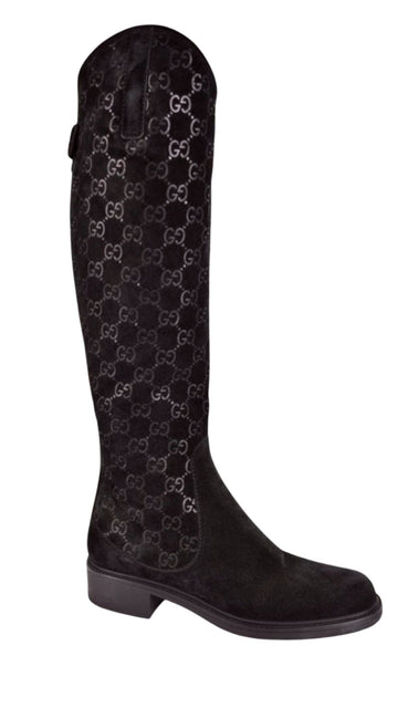 GUCCI GG Suede Leather Knee High Riding Boots