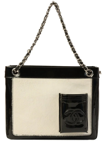 Top Quality Chanel Around 2005 Made Unborn Calf Patent Conbination Cc Mark Stitch Chain Tote Bag White/Black