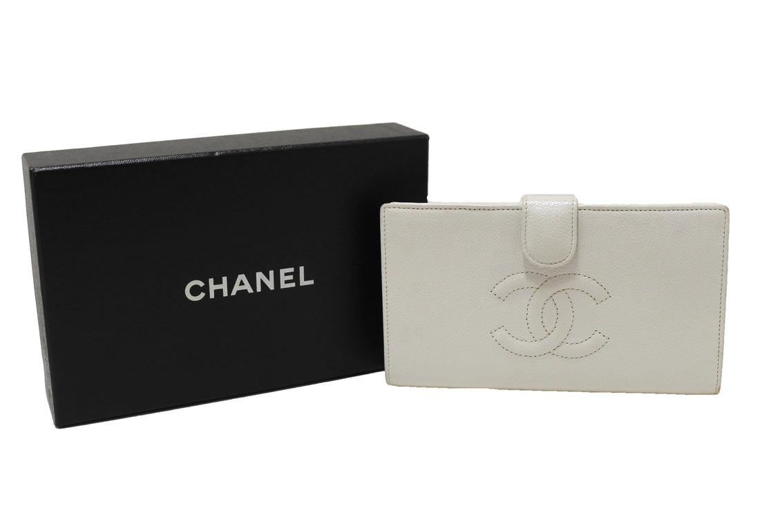 Top Quality Chanel  White Caviar CC Leather Classic Long Wallet