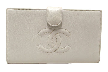 Top Quality Chanel  White Caviar CC Leather Classic Long Wallet