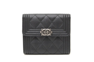 NEW  Top Quality Chanel Black Quilted Caviar Leather Boy Small Trifold Wallet