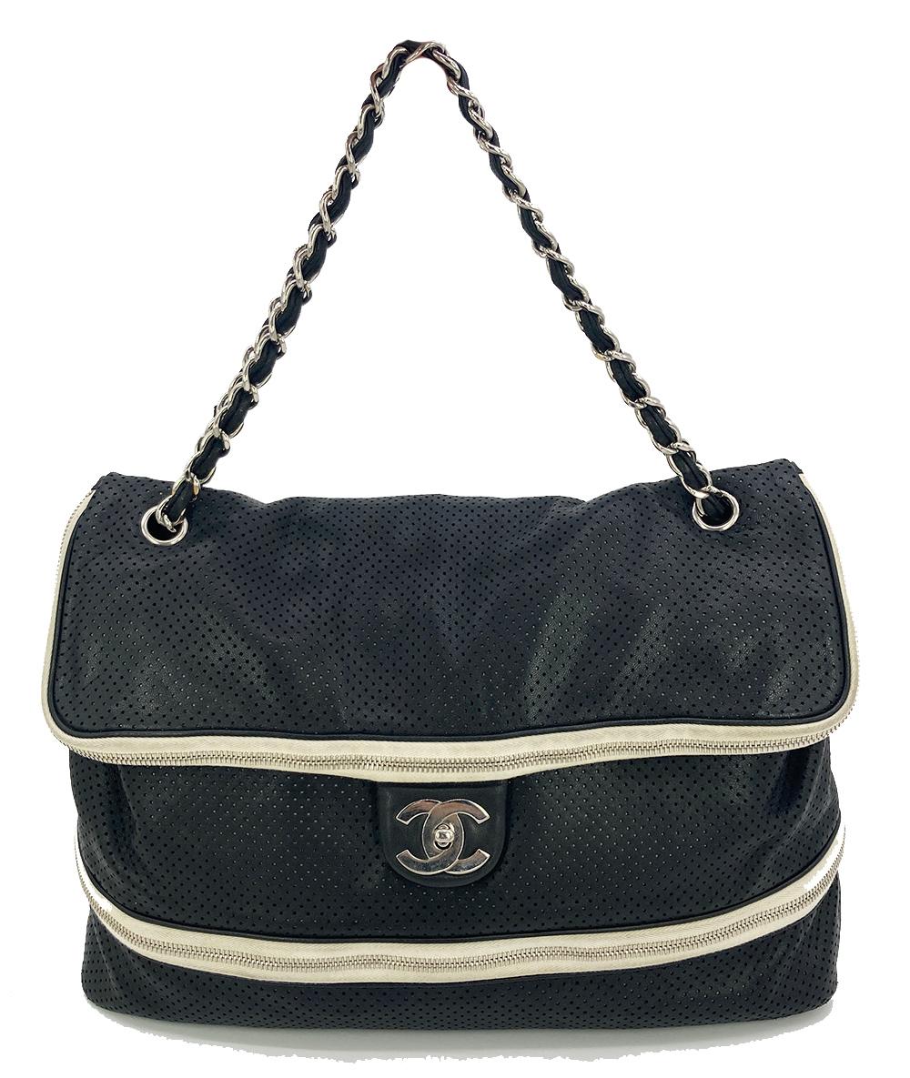 Top Quality Chanel Black Perforated Leather Expandable Classic New Shoulder Bag