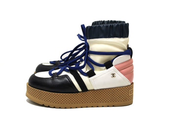 Top Quality Chanel Lambskin & Mixed Fibers Ivory, Rose, Blue & Black Lace Up Platform Size 35.5 C