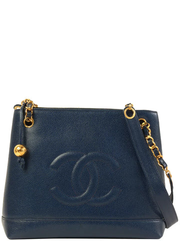 Top Quality Chanel Around 1992 Made Caviar Skin Cc Mark Stitch Chain Tote Bag Navy