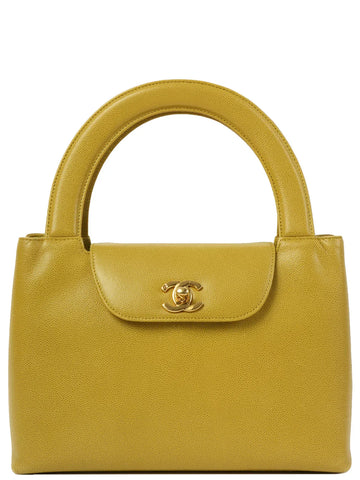Top Quality Chanel Around 1998 Made Caviar Skin Turn-Lcok Top Handle Bag Lime Yellow