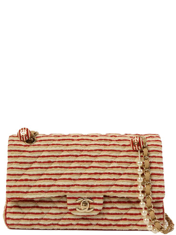Top Quality Chanel Around 2014 Made Cotton Striped Classic New Chain Bag Beige/Red/White