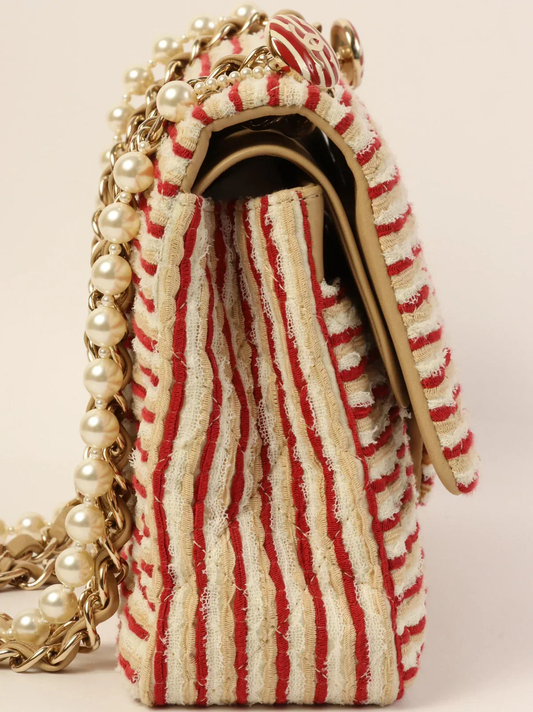 Top Quality Chanel Around 2014 Made Cotton Striped Classic New Chain Bag Beige/Red/White