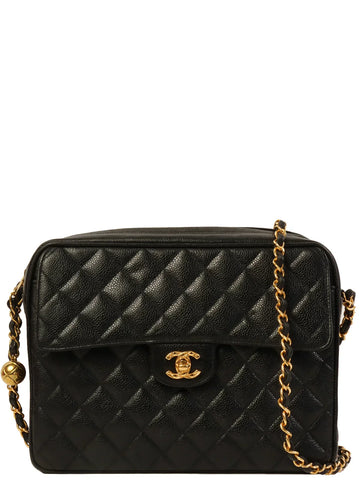 Top Quality Chanel Around 1995 Made Caviar Skin Turn-Lock Ball Charm Shoulder Bag Black