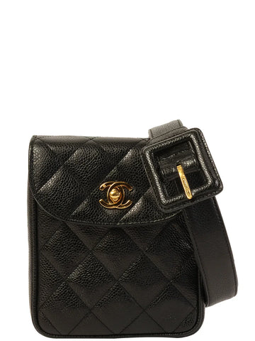 Top Quality Chanel Around 1995 Made Caviar Skin Turn-Lock Waist Bag Black