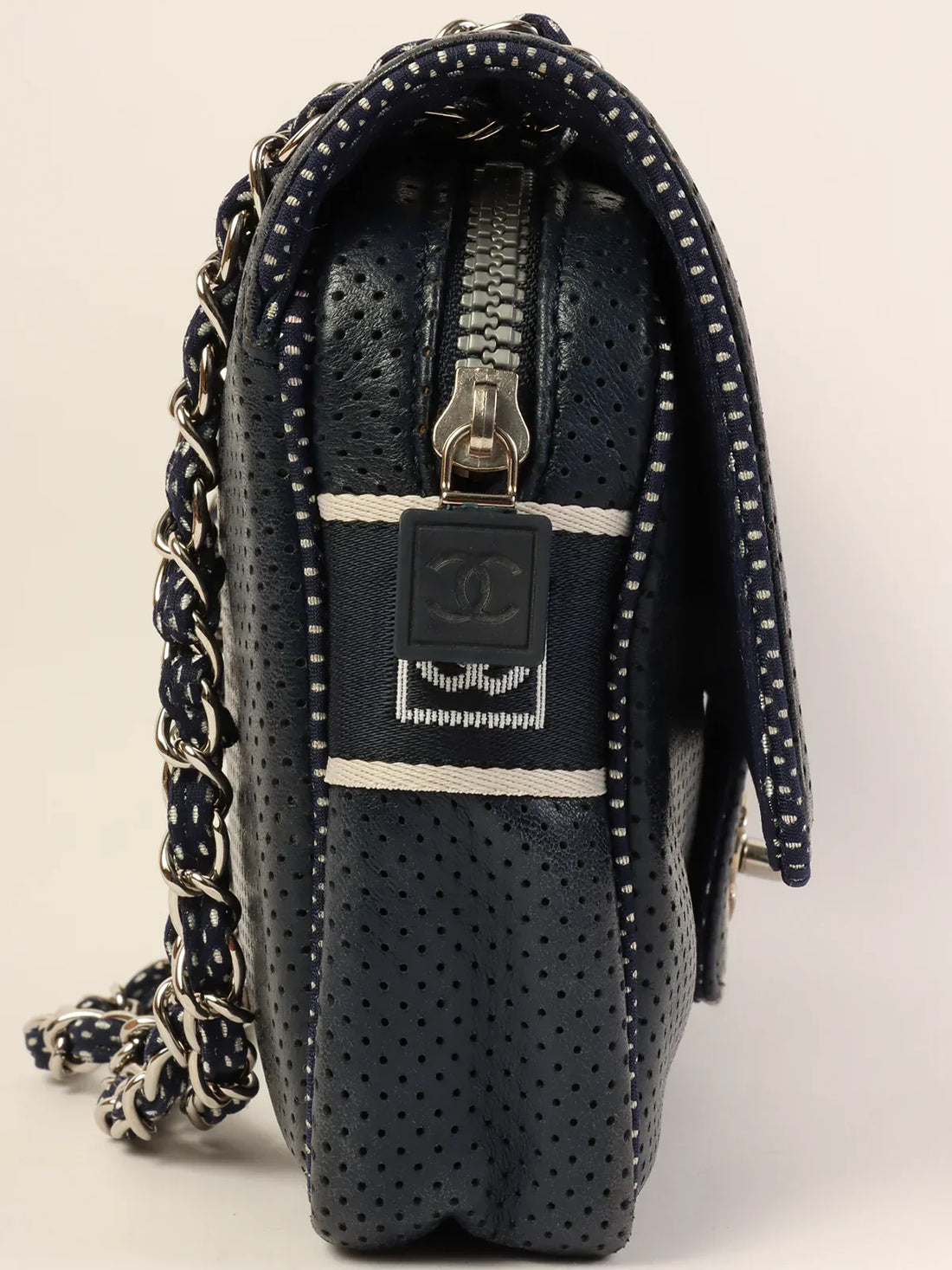 Top Quality Chanel Around 2004 Made Sport Line Punching Turn-Lock Chain Bag Navy/White