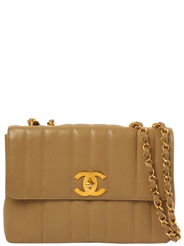 Top Quality Chanel Around 1995 Made Caviar Skin Mademoiselle Stitch Turn-Lock Chain Bag Mocha Beige