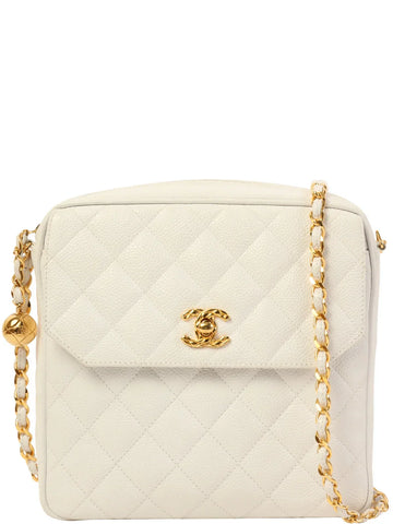 Top Quality Chanel Around 1992 Made Caviar Skin Turn-Lock Ball Charm Chain Bag White