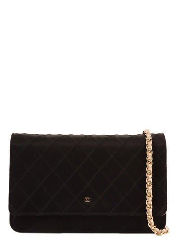 Top Quality Chanel Around 2014 Made Silk Satin Mini Cc Mark Plate Wallet On Chain Black/Champagne Gold