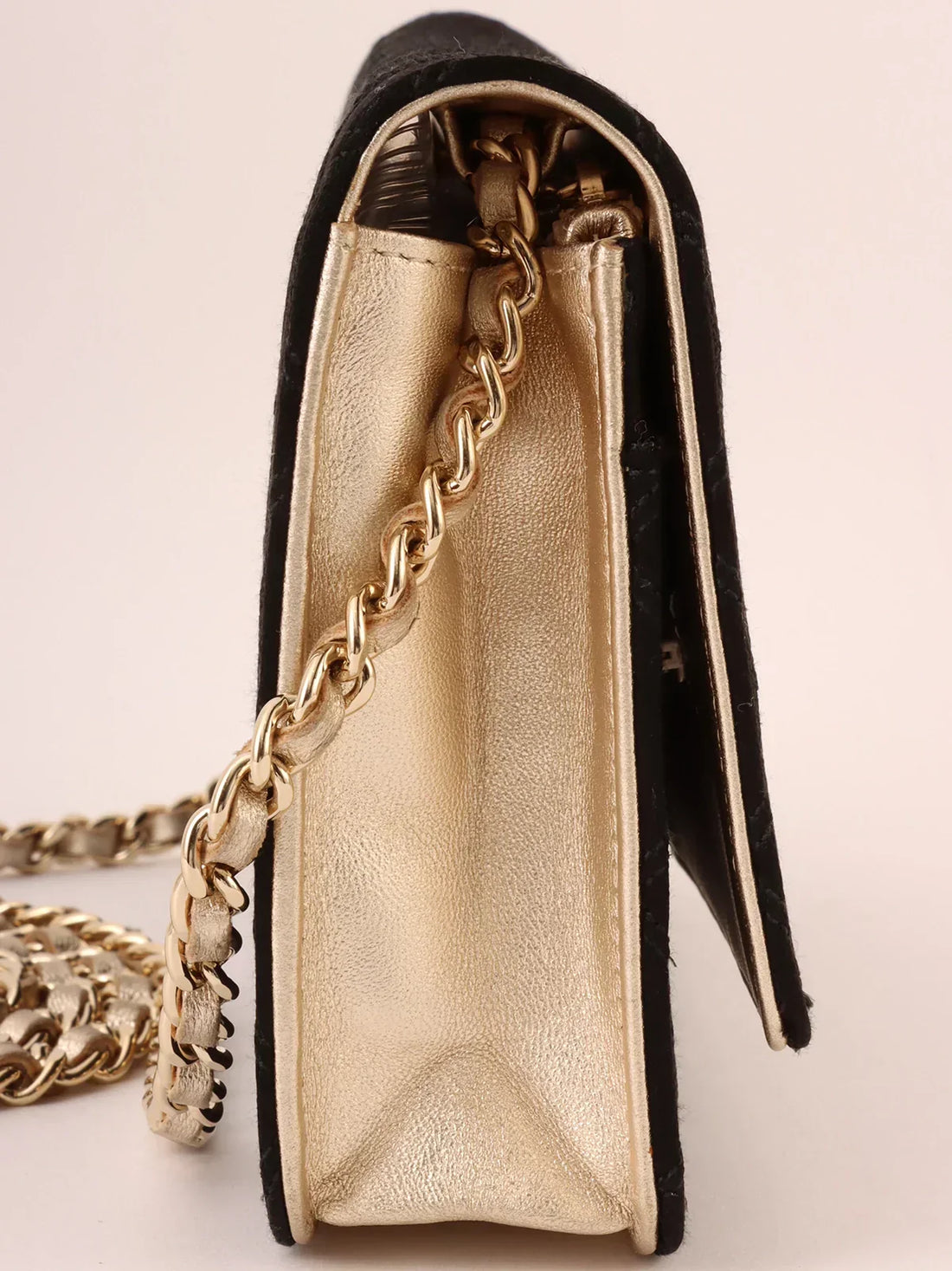 Top Quality Chanel Around 2014 Made Silk Satin Mini Cc Mark Plate Wallet On Chain Black/Champagne Gold