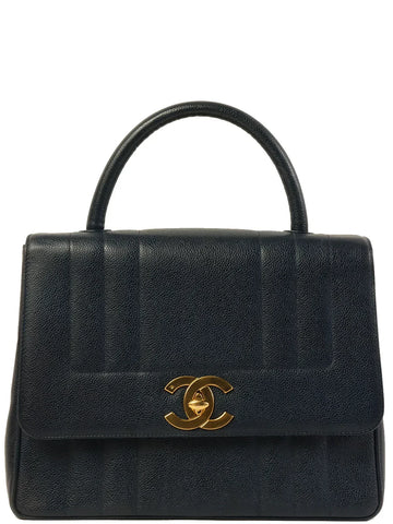 Top Quality Chanel Around 1995 Made Caviar Skin Mademoiselle Stitch Turn-Lock Top Handle Bag Navy