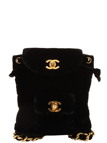 Top Quality Chanel Around 1995 Made Velvet Double Turn-Lock Backpack Mini Black
