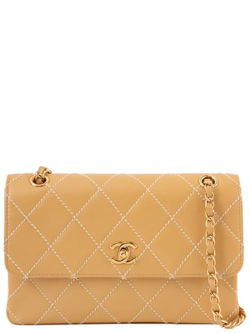 Top Quality Chanel Around 2001 Made Wild Stitch Turn-Lock Chain Bag Beige